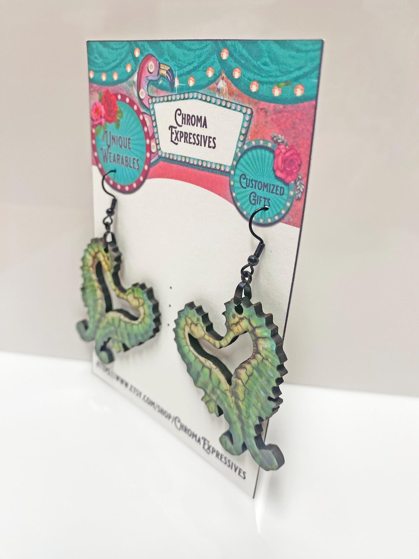 Handmade Wooden Seahorse Heart Earrings – Laser Cut & Sublimated for Durability – Ocean-Inspired Statement Jewelry