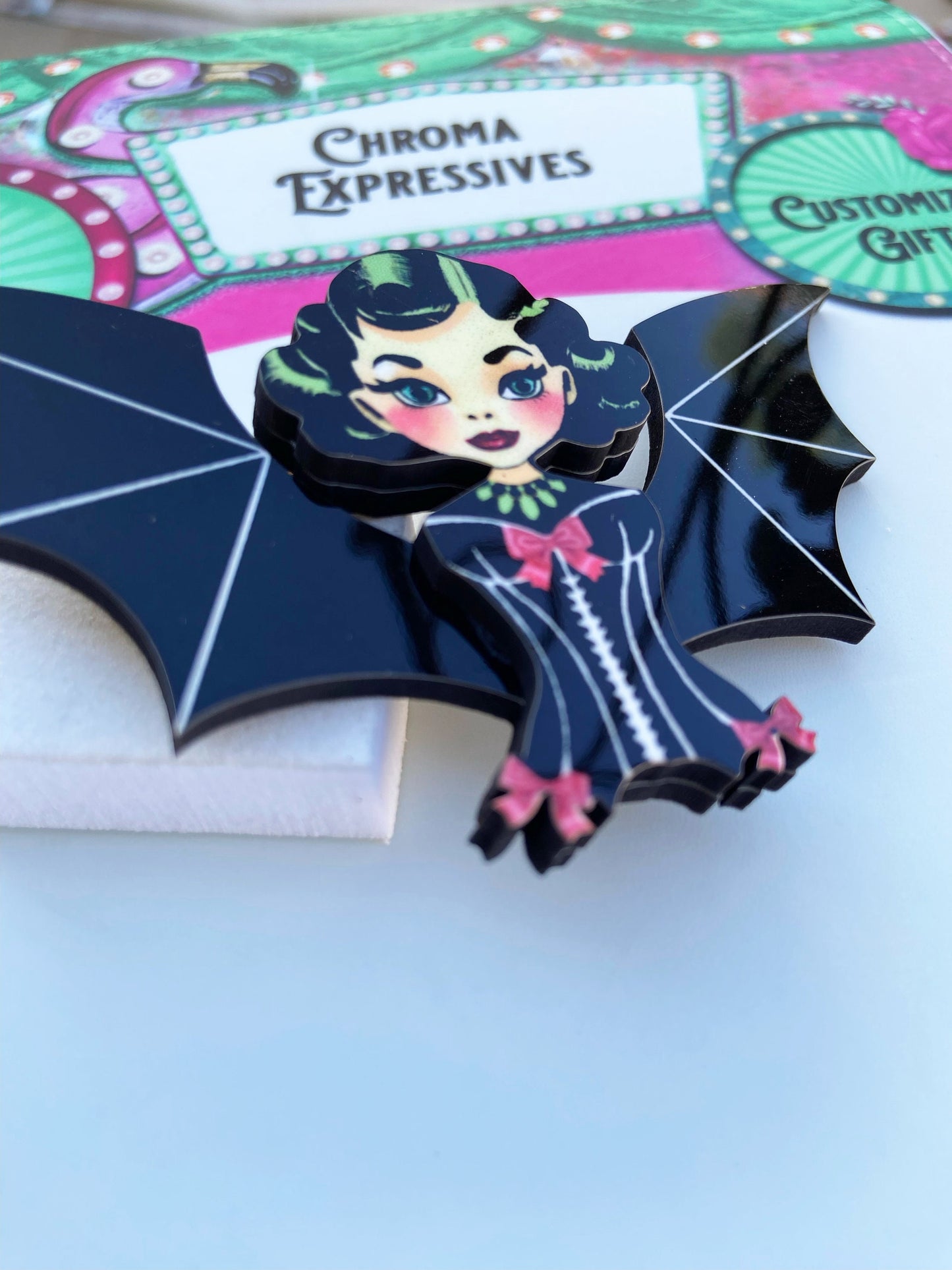 Female Bat Oddity Brooch or Necklace, Corset Wearing Bat, Spooky Season Jewelry, Whimsical and Fun, Illustration Art, Wearable Art