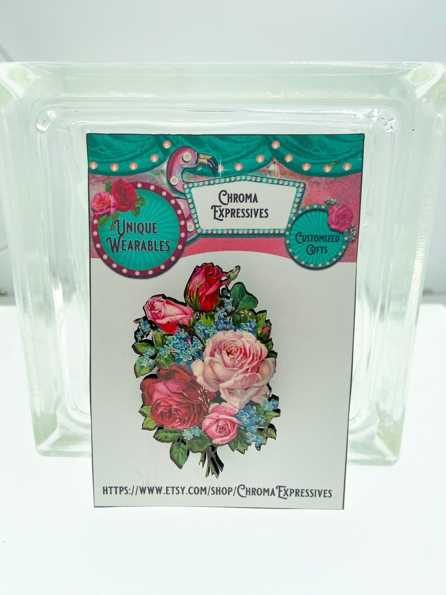 Lovely Unique Wooden Illustration Brooch / Pin, Floral Bouquet in Pink, Rd and Blue, Great Gift Idea, Roses, Gift for Mom, Wife, Friend