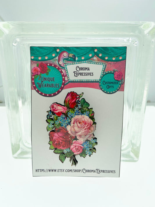 Lovely Unique Wooden Illustration Brooch / Pin, Floral Bouquet in Pink, Rd and Blue, Great Gift Idea, Roses, Gift for Mom, Wife, Friend
