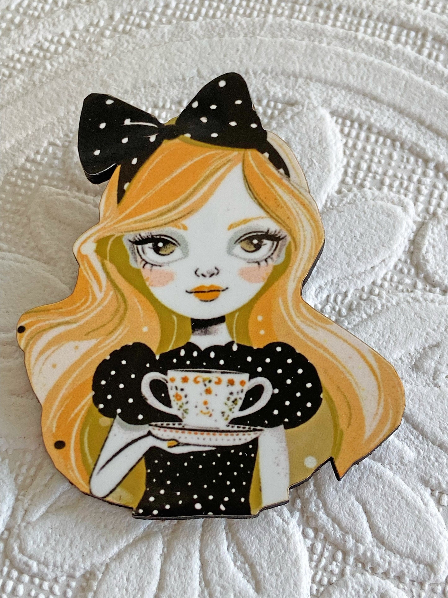 Cup of tea anyone?  Brooch / Pin, Lovely Illustration Art with Pretty Lady having a cup of tea or coffee, gift for friend,  birthday gift