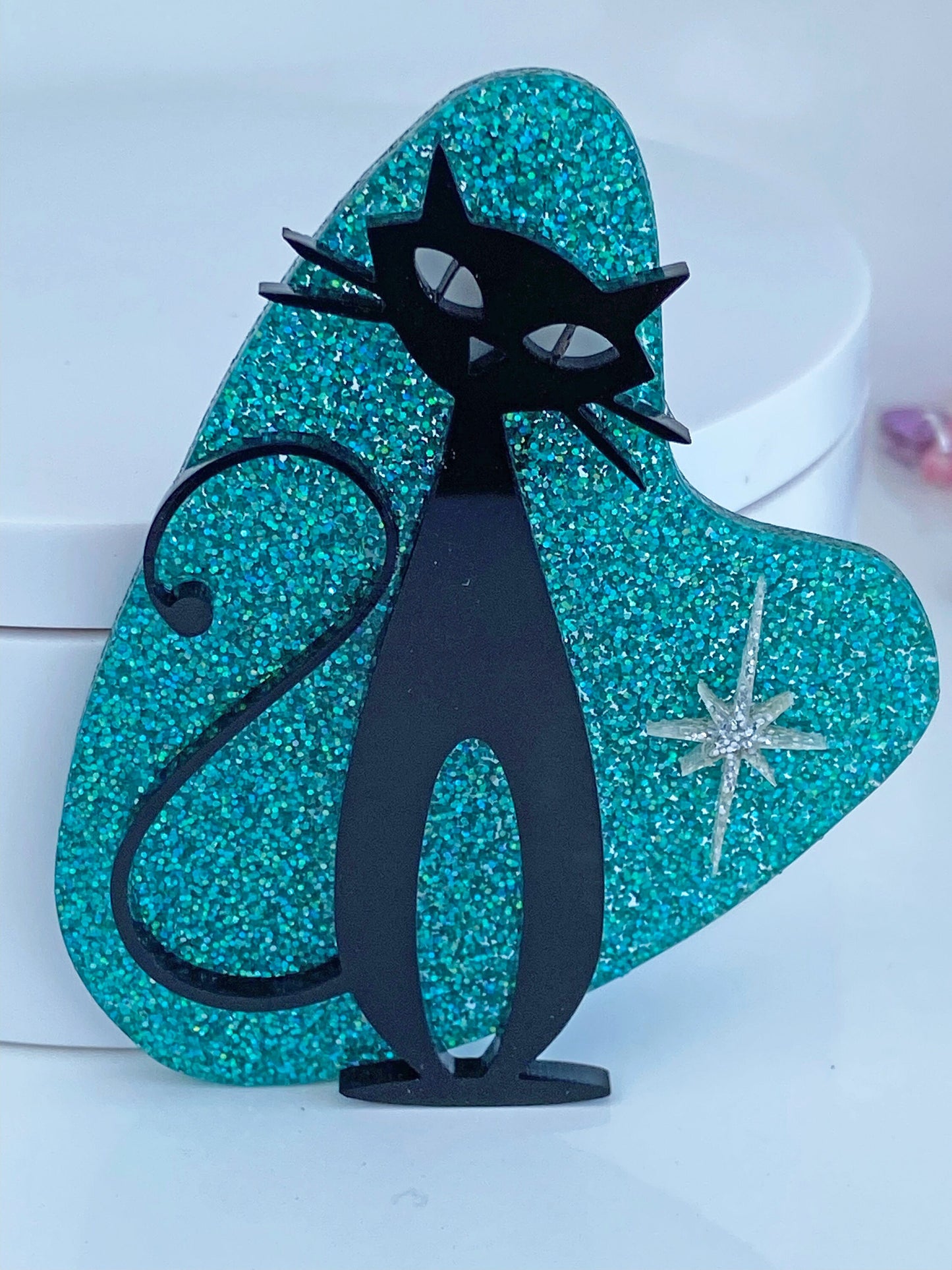 Cool Atomic Cat Brooch or Necklace ~ Teal Glitter Acrylic, Black cat and Silver Glitter Star. ~ Mid Century Modern Wearable Art.