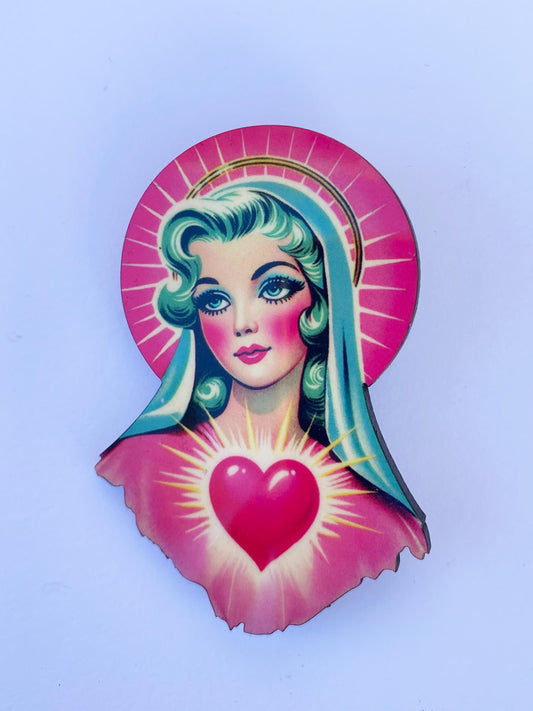 Sacred Heart Pop Art Brooch – Handmade Sublimated Wooden Pin – Retro Virgin Mary-Inspired Iconic Jewelry