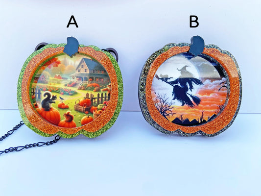 Choose Necklace or Brooch Pumpkin Shaped Halloween, Fall / Autumn Illustration ~ Witch Theme or Pumpkin Theme, Spooky Season Jewelry