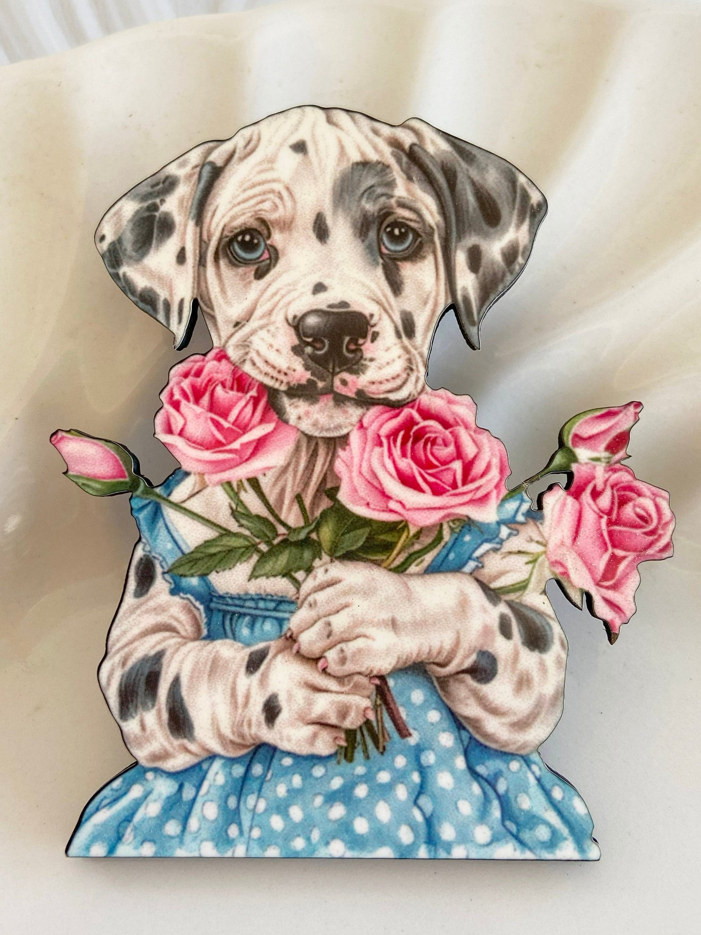 Sweetest Puppy ~ Unique Laser Cut & Sublimated Brooch / Pin ~ Gift, Lightweight, Dalmatian with Roses, illustration jewelry