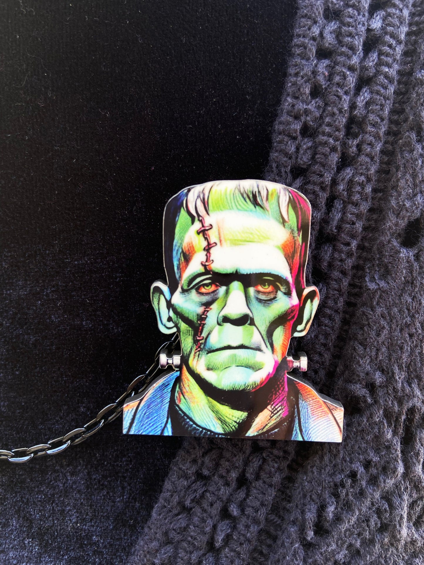 Frankenstein & His Bride Collar / Sweater Clips or Earrings ~ Spooky Wearable Art ~ Laser Cut Wood, Sublimated Illustration