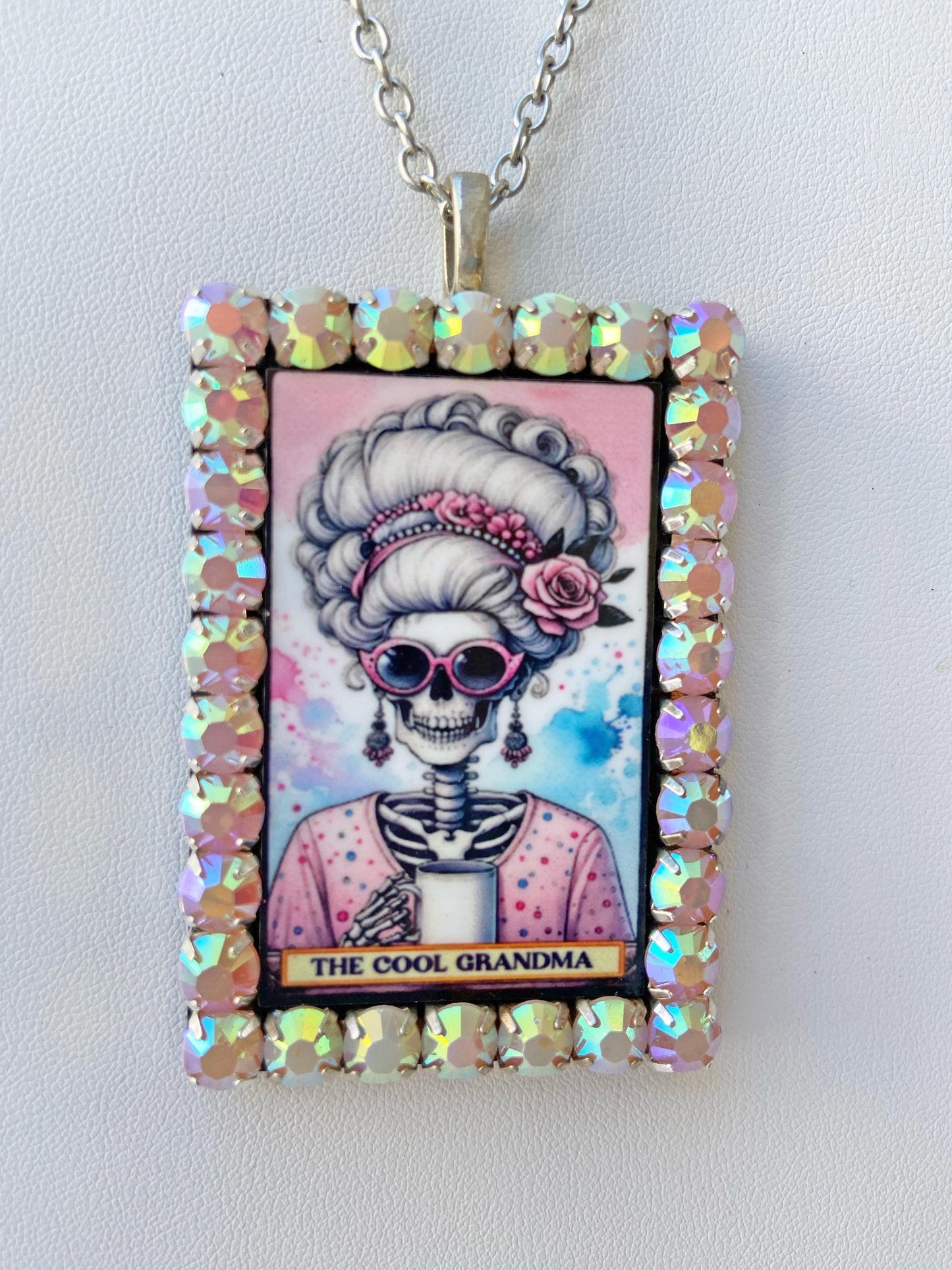 Tarot Card Necklace ~ Plant Lady, Dog Lover, Mom, Teacher, Cool Grandma, Colorful Rhinestones, Laser Cut Wood with Sublimated Images