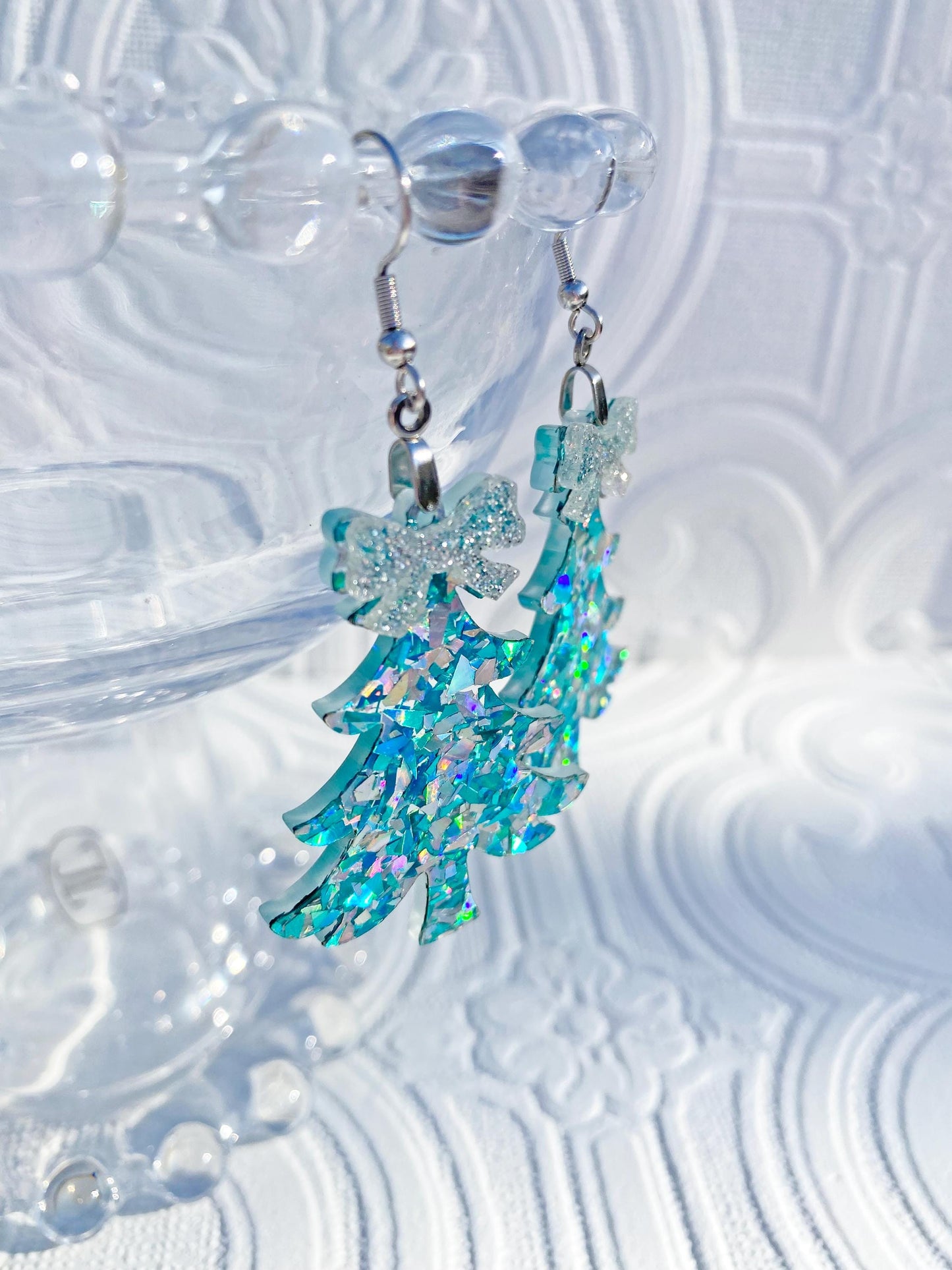 Christmas Tree Glitter Earrings ~ Super Glitzy Handcrafted Tree Earrings with Silver Bows, Ear Wire or Clip-on Available.