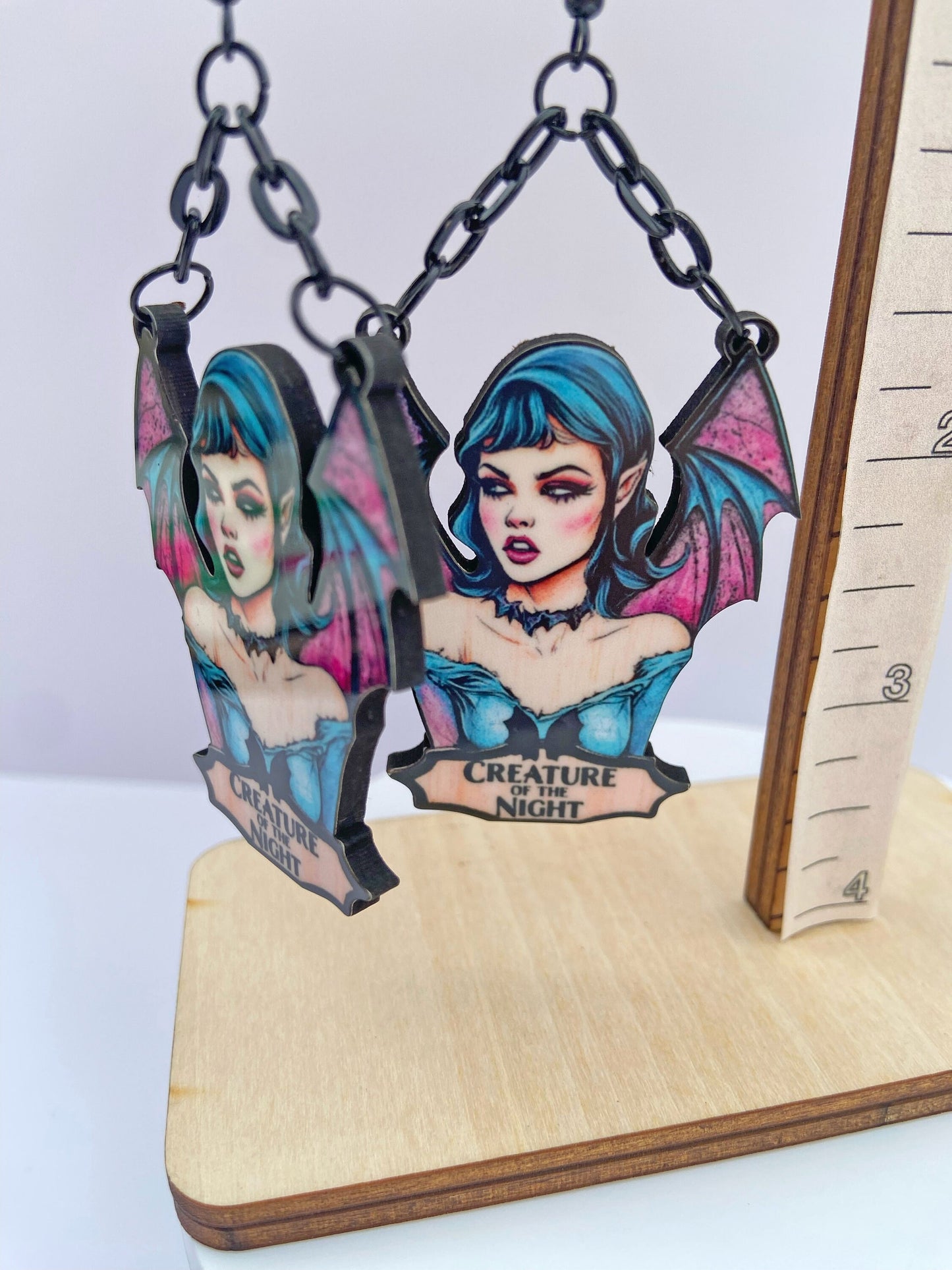 Illustration Art Bat Necklace, Earrings or Brooch ~ Bat Woman / Girl, Creature of the Night ~ Blue and Pinks, Great Gift Idea