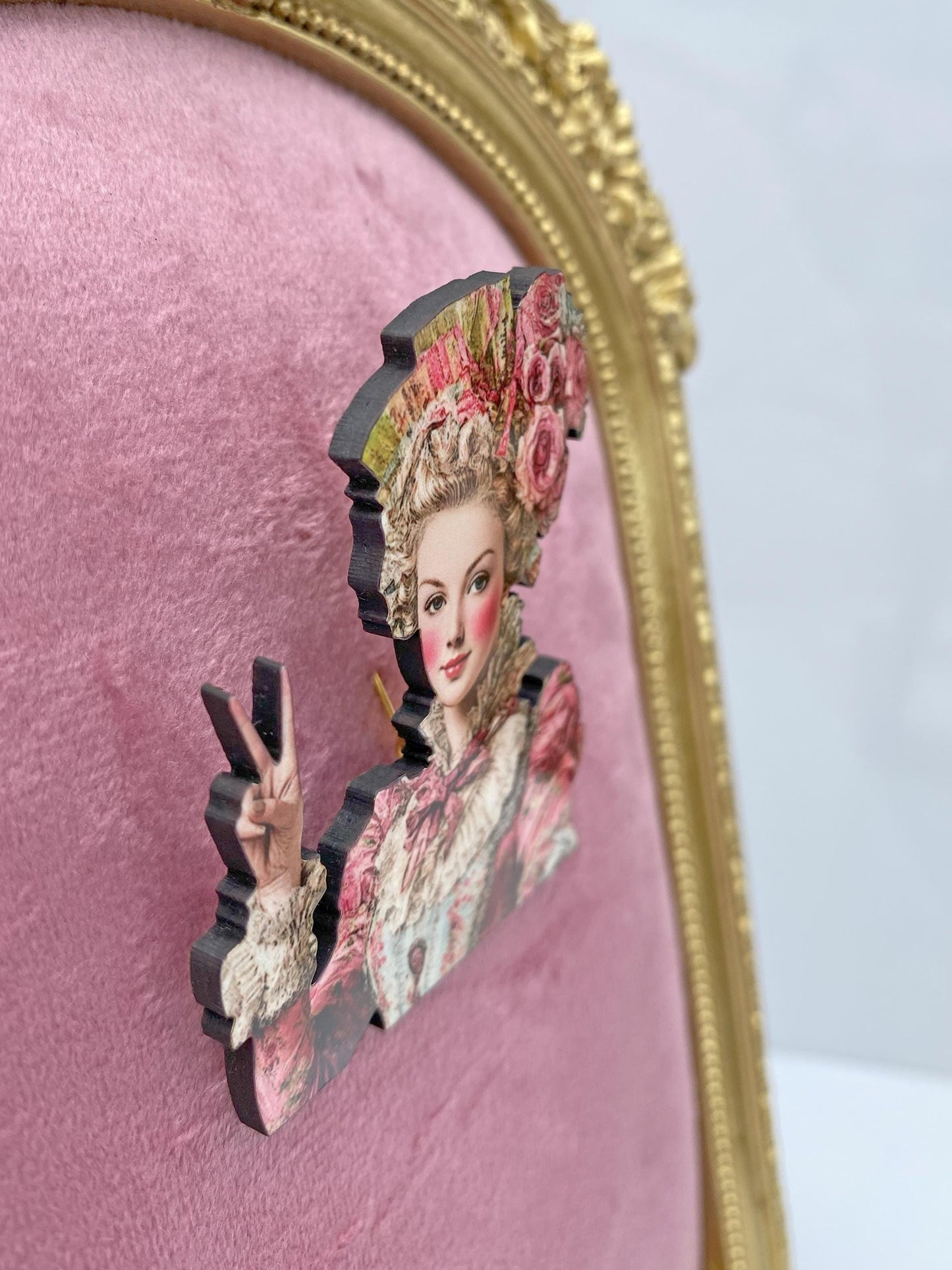 Peace, Powder & Petticoats Brooch – Marie Antoinette Laser Cut Wood with Sublimated Design | Playful Rococo-Inspired Statement Pin