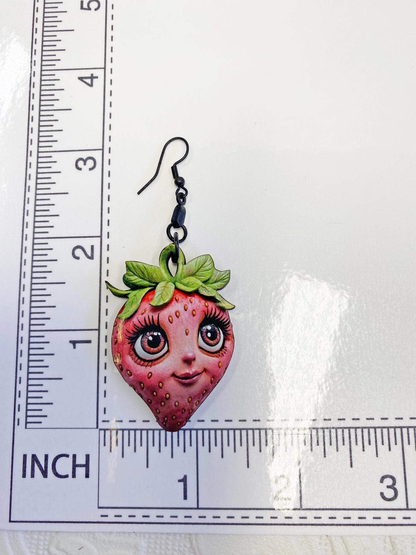 Strawberry Earrings, Whimsical, Weird and Wonderful!  Laser Cut Wood, Sublimated Image.  Pierced or Clip-on
