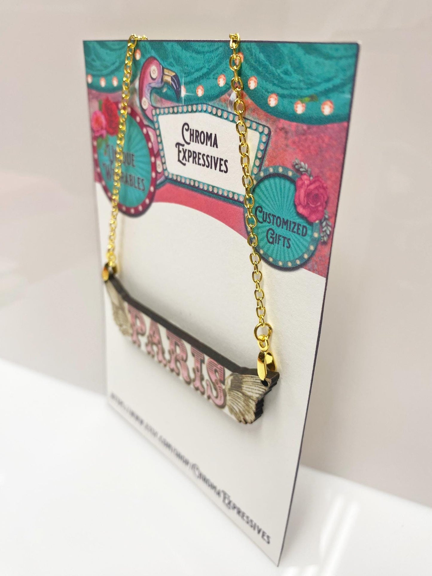 Paris Winged Necklace – Handmade Vintage-Inspired Wooden Pendant with Gold Chain – Sublimated for Durability