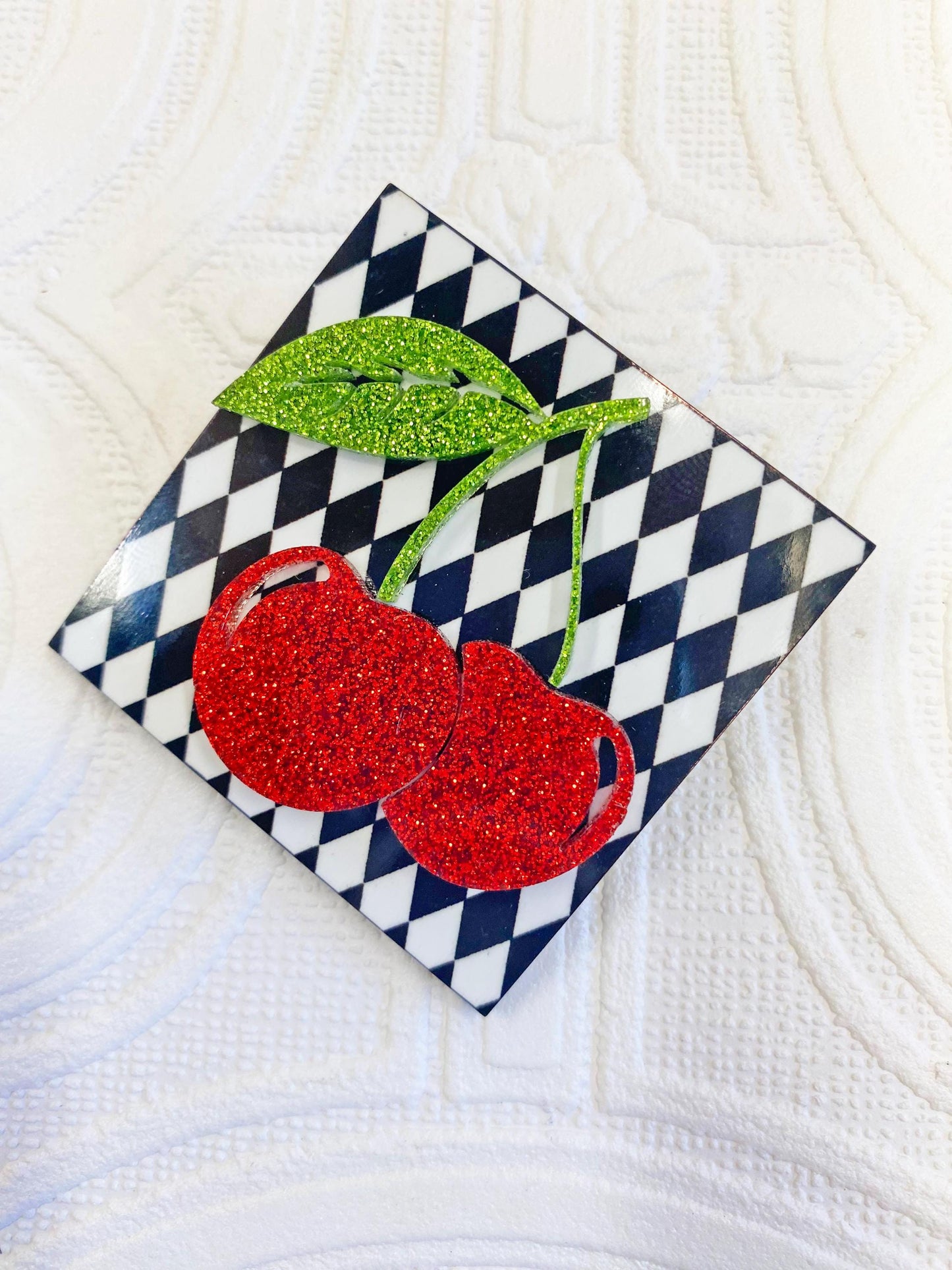 Rockabilly Cherry Brooch, Handcrafted from Wood and Acrylic.  Retro Pin-up Style, Very Classy and fun!  Measures 2-1/4" around.