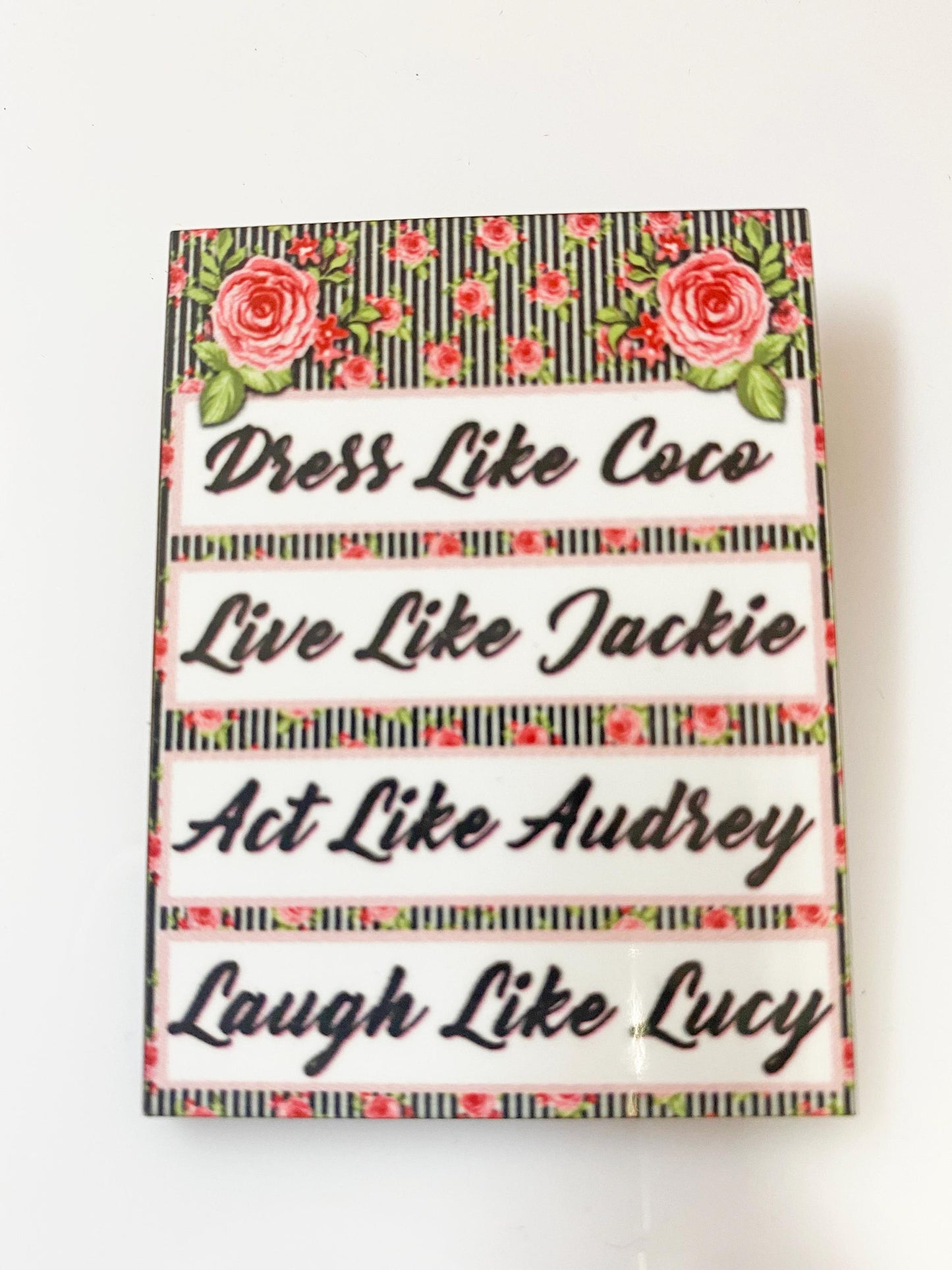 Dress Like Coco Brooch – Vintage-Inspired Wooden Pin – Audrey, Jackie, Lucy Quote – Handmade & Sublimated for Durability