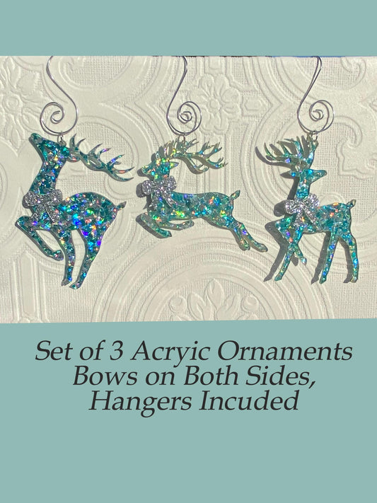 Beautiful Reindeer Tree Ornaments (3) ~ Delux Glitter Acrylic, Very Sparkly, Bow's on Both Sides