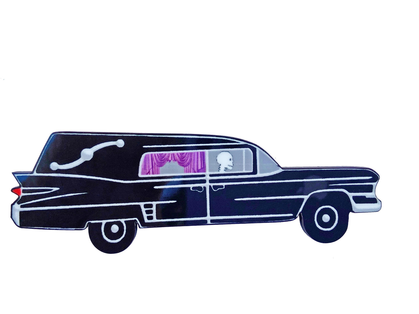 Spooky Season Hearse Brooch ~ Gothic Jewelry ~ Whimsical Hearse ~ Halloween Pin, Skeleton Hearse Driver ~ Gift for Halloween / Spooky Season