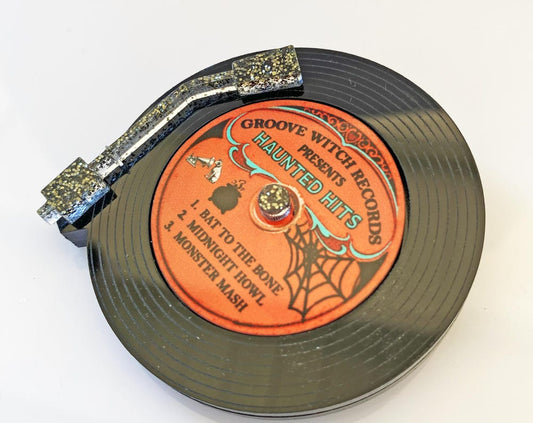 Haunted Hits Vinyl Record Brooch: Spooky Monster Mash Acrylic Pin