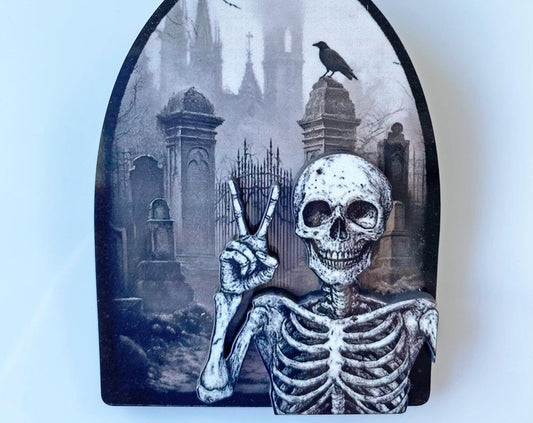 Laser Cut Skeleton Brooch: Spooky Goth Graveyard Pin